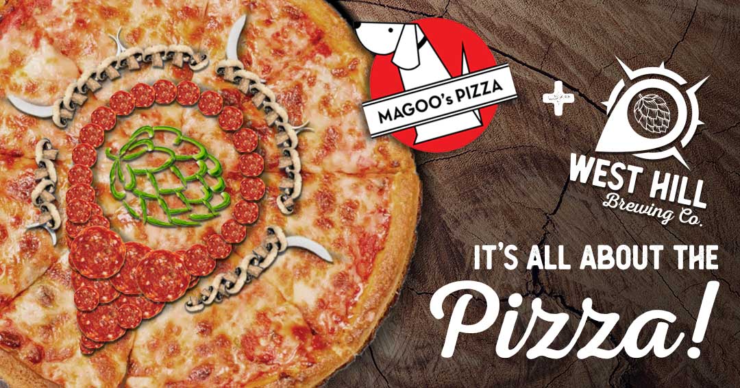 a pizza with pepperoni and peppers placed in the shape of the west hill compass logo