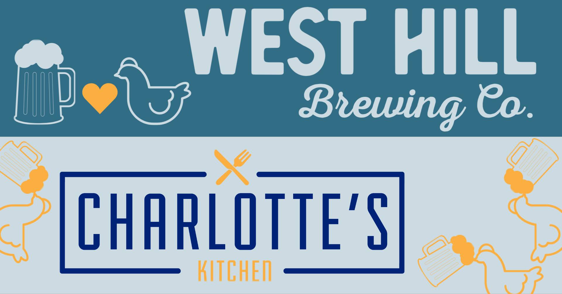 Charlotte's Chicken logo and West Hill Brewing logo with chicken outlines and beer mug outlines