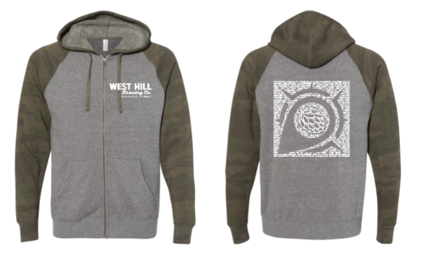 West Hill Brewing Co. Forest Camo Beer Name Burnout Compass Logo Hoodie