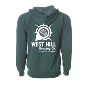 West Hill Brewing Co. Moss Heather Original Compass Logo Hoodie back detail